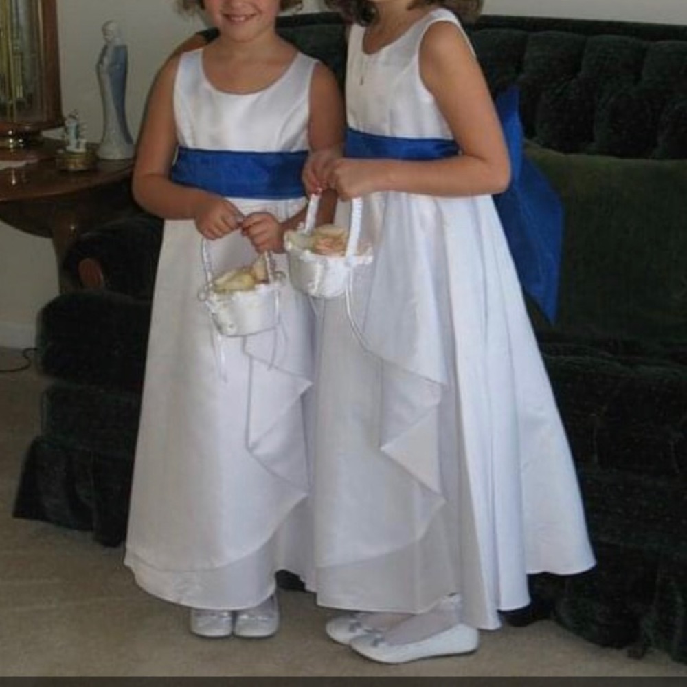White Flower girl dress with blue sash